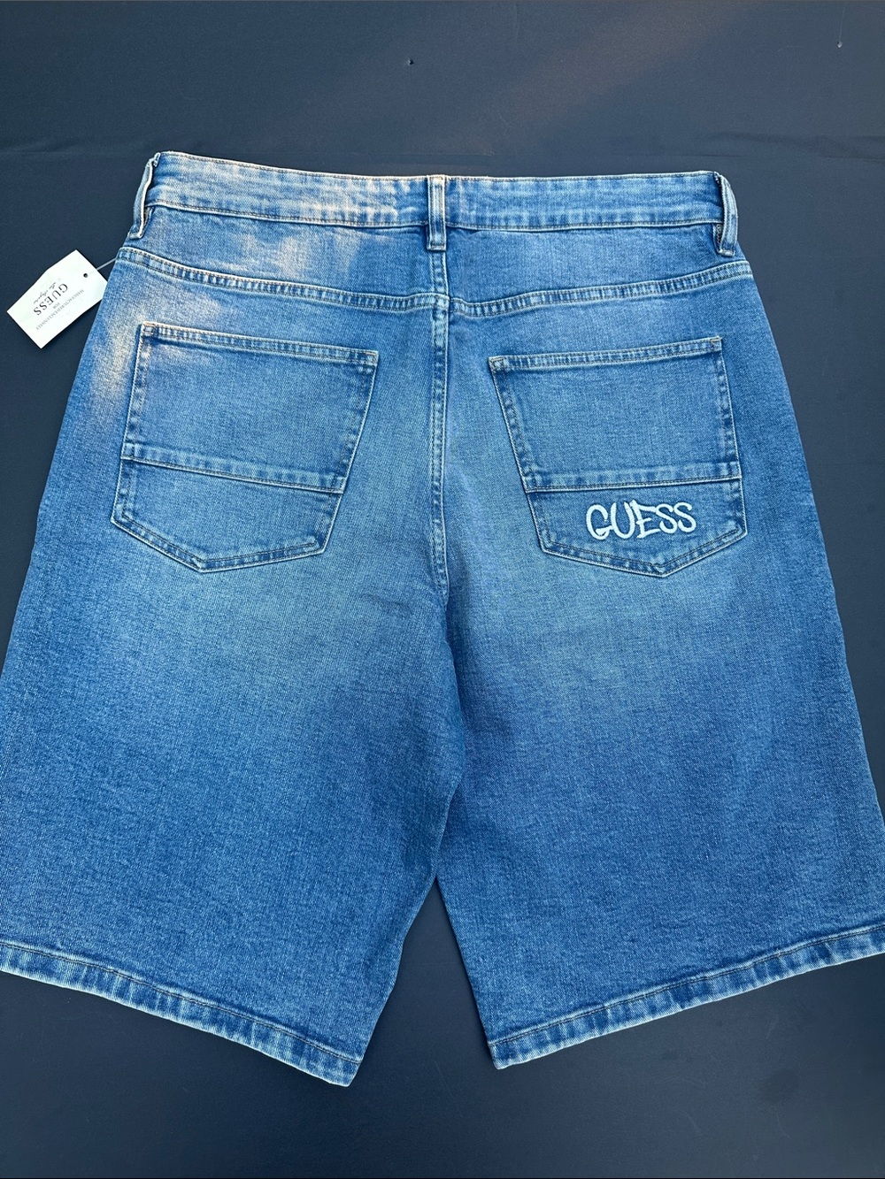 New GUESS Men's Medium Blue Denim Cutoff Shorts with Back Logo SZ 36